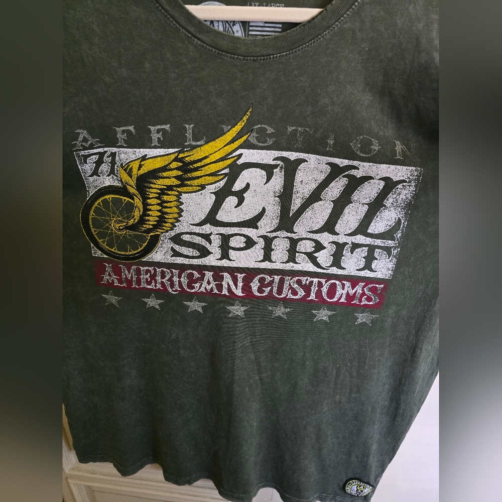 Affliction Olive Green 'Evil Spirit' Graphic Tee with Yellow Wing NWOT 3XL